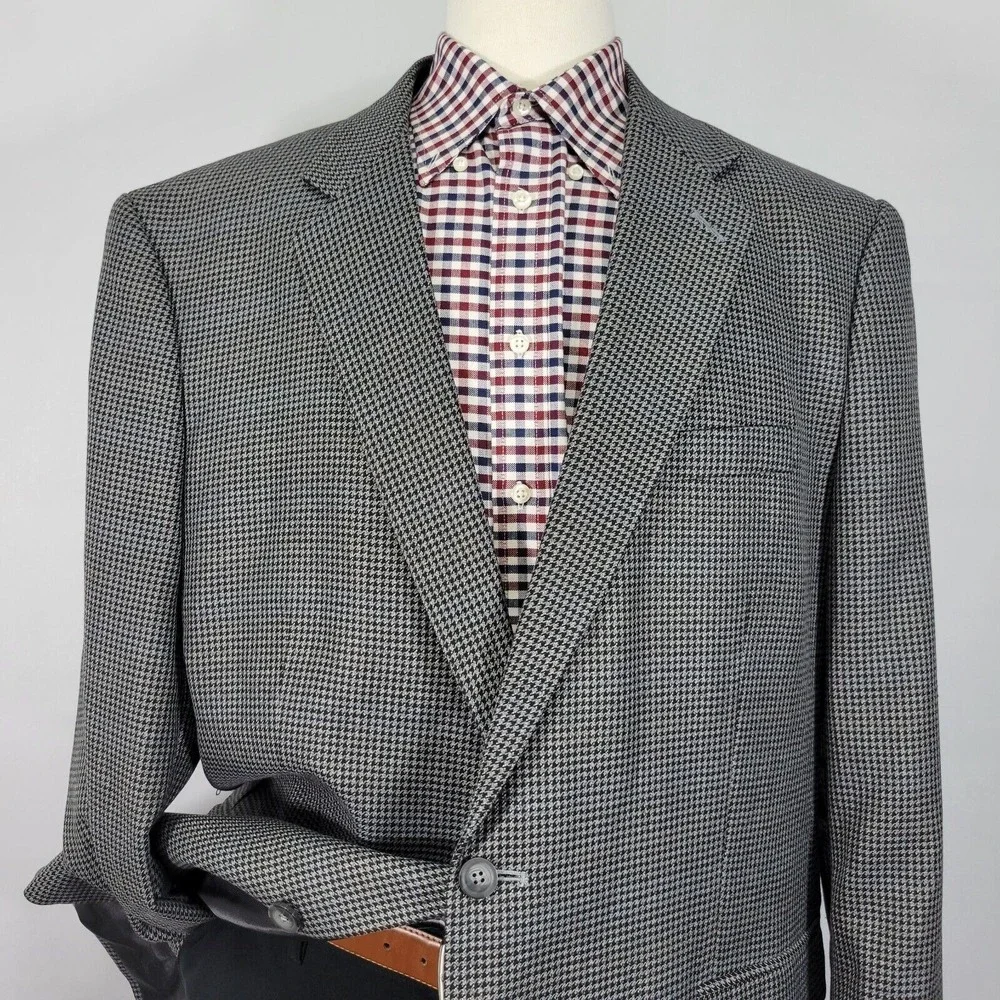 Croft Barrow Men's Sport Coat Blazer Two Button Gray‎ Houndstooth Poly Blend 48L